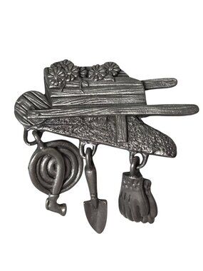 Vintage Pewter Garden Tools Brooch Shovel Hose Gloves Wheelbarrow Design USA